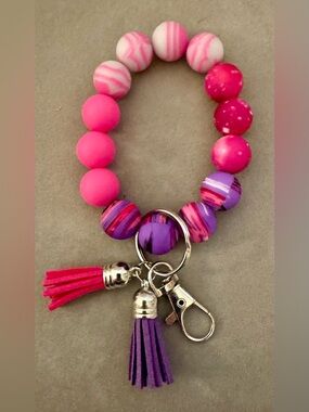 Pink & Purple Beaded Keyring Wristlet Bracelet with Tassels, Silver Hardware